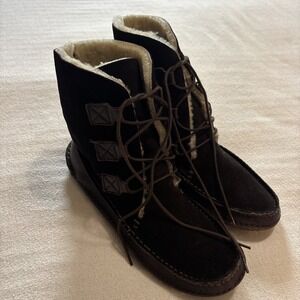 J.Crew Women's Sz7  Brown Leather/Suede Moccasins Lace-Up Boot Shearling‎ Lined